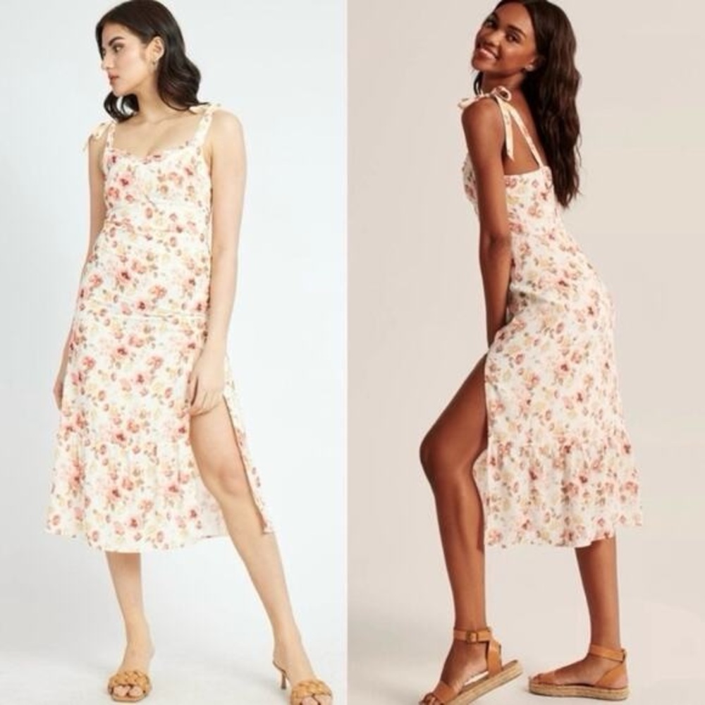 Abercrombie & Fitch Cream Floral Tie-Shoulder Midi Dress Romantic Gardencore